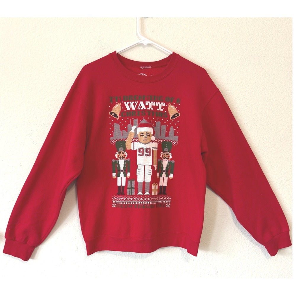 Fresh Brewed Tees J.J. Watt Sweatshirt Large Red Houston Texans Ugly Christmas